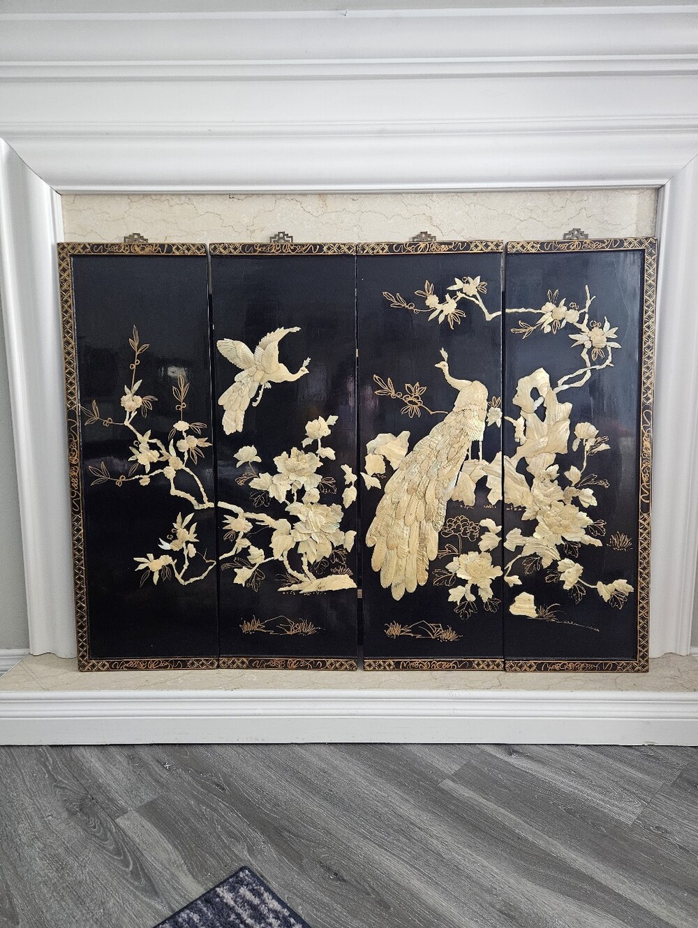 Vintage Chinese Coromandel Lacquerware And Pearl Blossom And Peacock 4 Panel Art